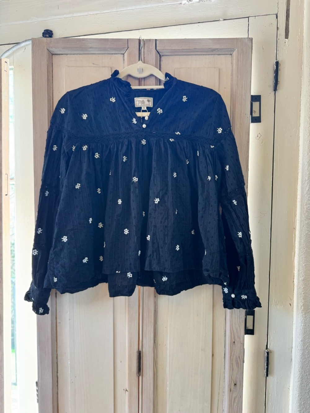Black Embroidered Peasant Blouse with Ruffle Cuffs